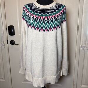 Old Navy Women’s Eggshell w/ Navy Pink Crew Neck Fair Isle Winter Sweater Sz XL